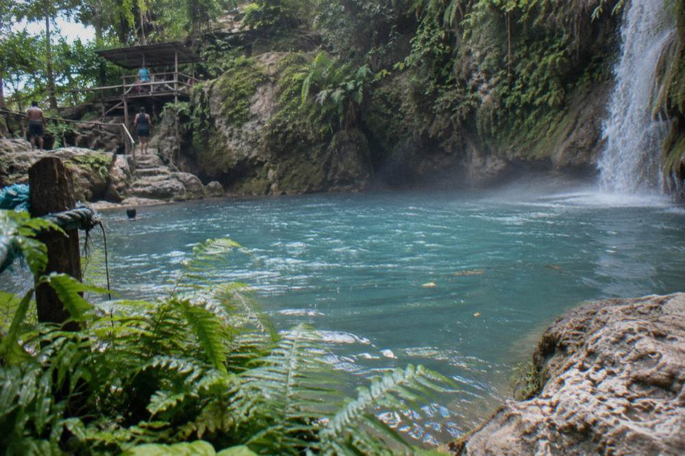 A calm turquoise lagoon ringed by ferns and rock at the bottom of a waterfall