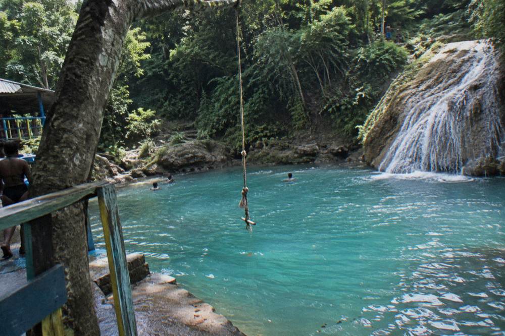 Turquoise natural pool at the base of a jungle waterfall with rope swing hanging from a tree