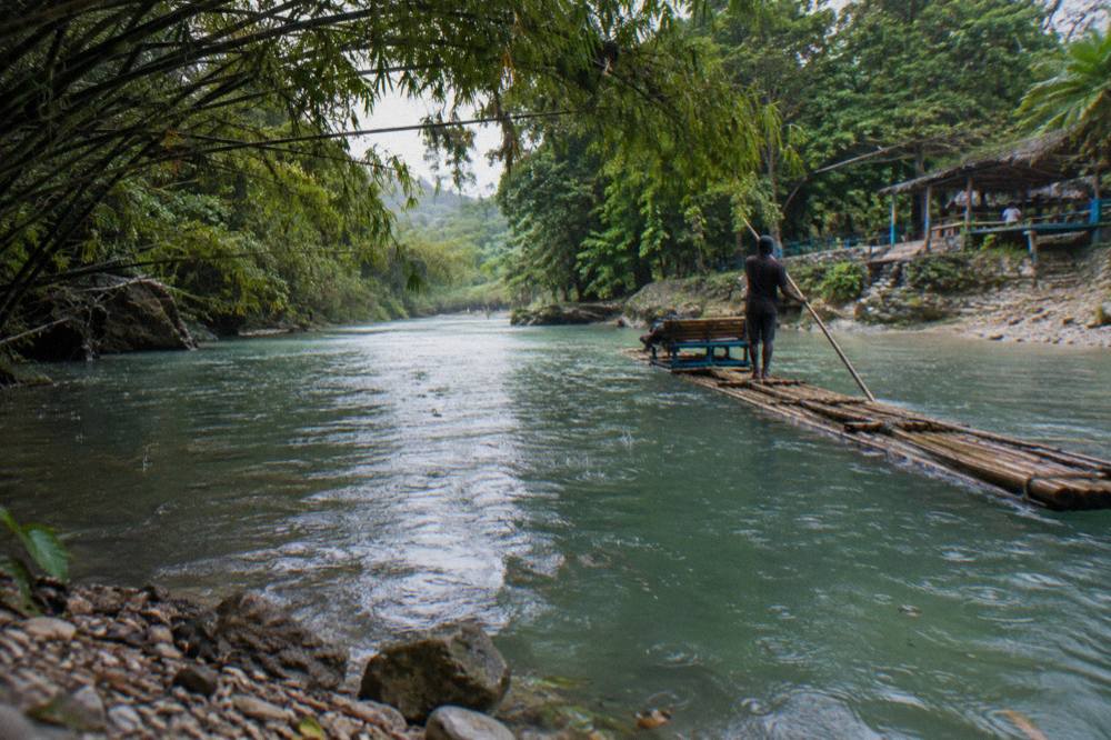Bamboo raft drifting on a calm green river between overhanging trees