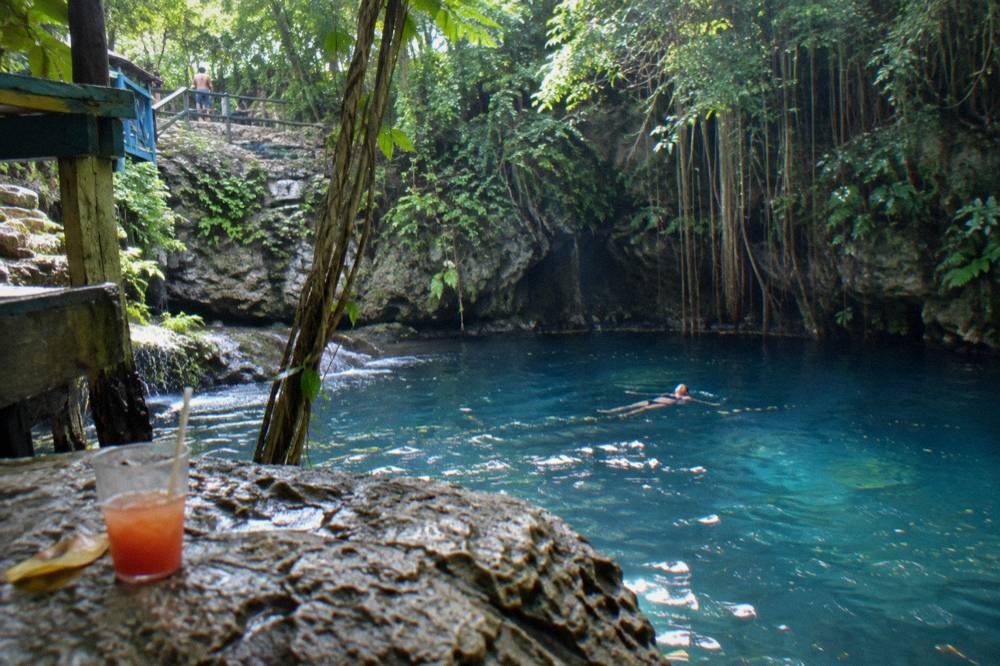 Swimmer floating in a deep blue pool beneath overhanging jungle vines