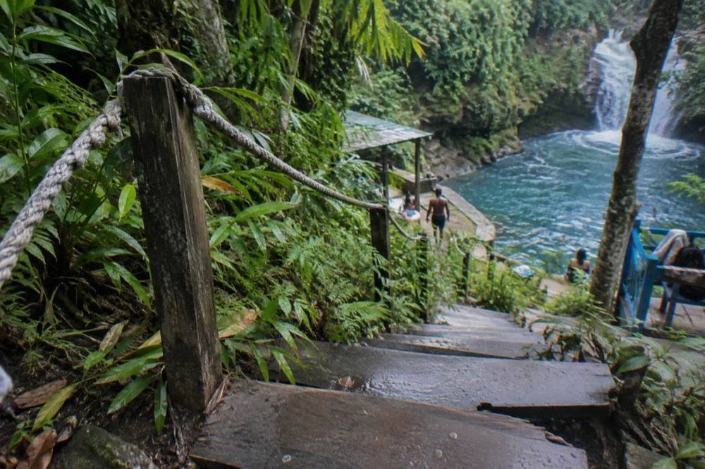 Wooden steps and rope handrail descending through dense greenery toward a waterfall