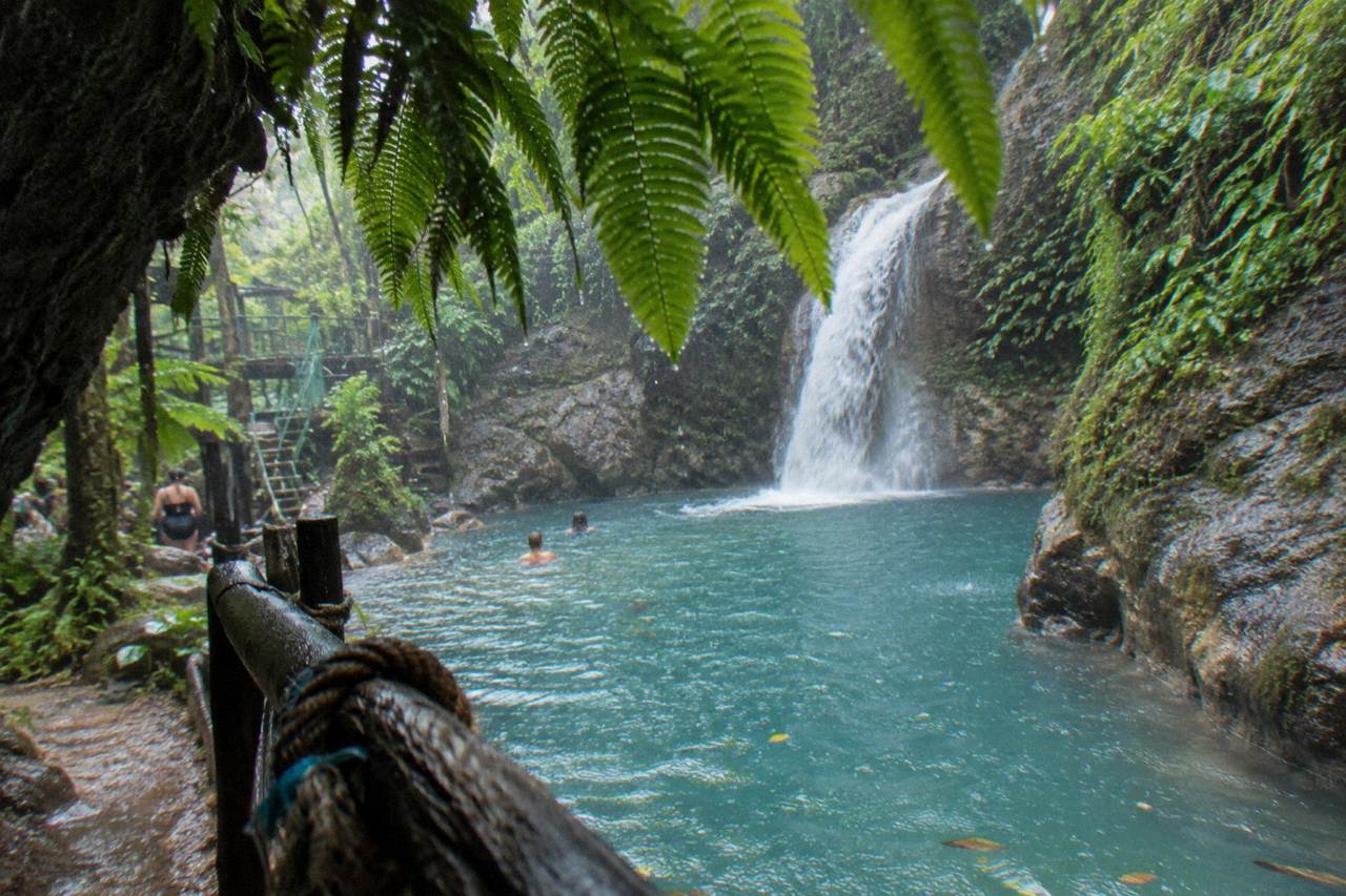 Turquoise waterfall pool framed by jungle foliage near Ocho Rios