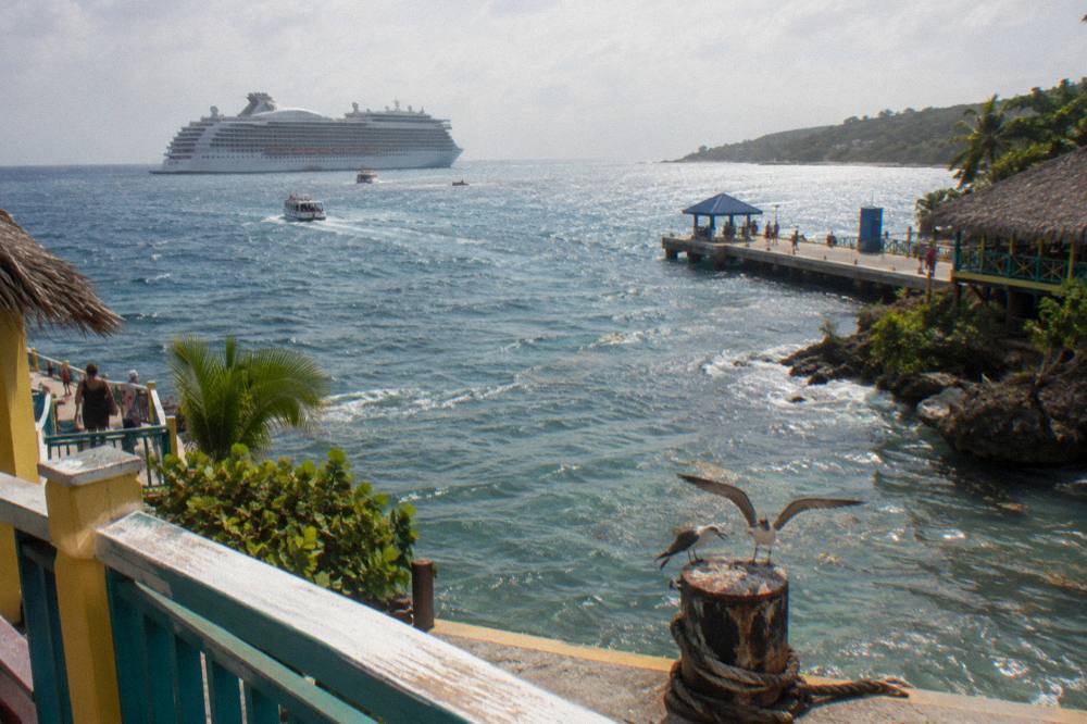 Cruise ship anchored off a green coastline with tenders moving toward a pier