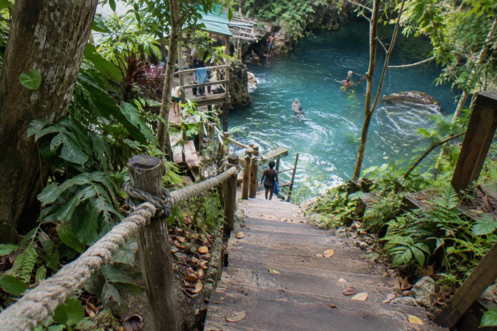 Wooden steps and handrail leading down through tropical vegetation toward the Blue Hole pools
