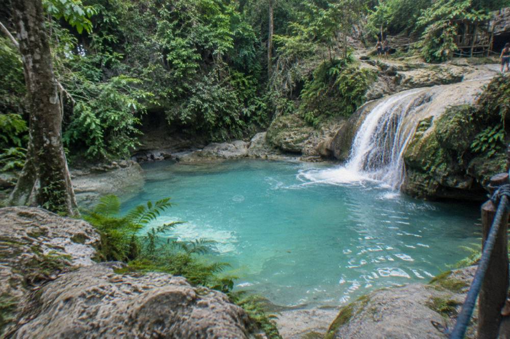 Morning light on a calm turquoise pool below a small jungle waterfall