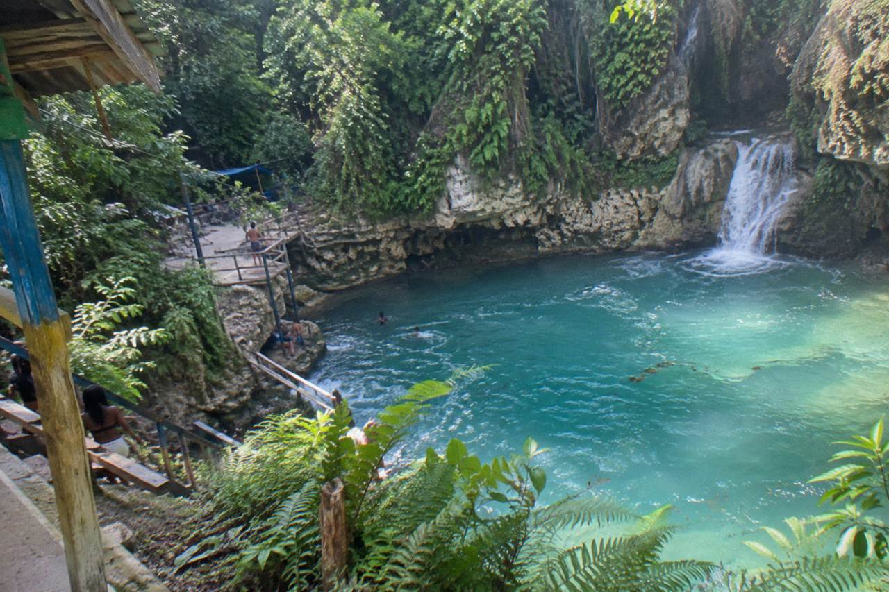 Turquoise waterfall pool surrounded by dense green jungle foliage in Jamaica