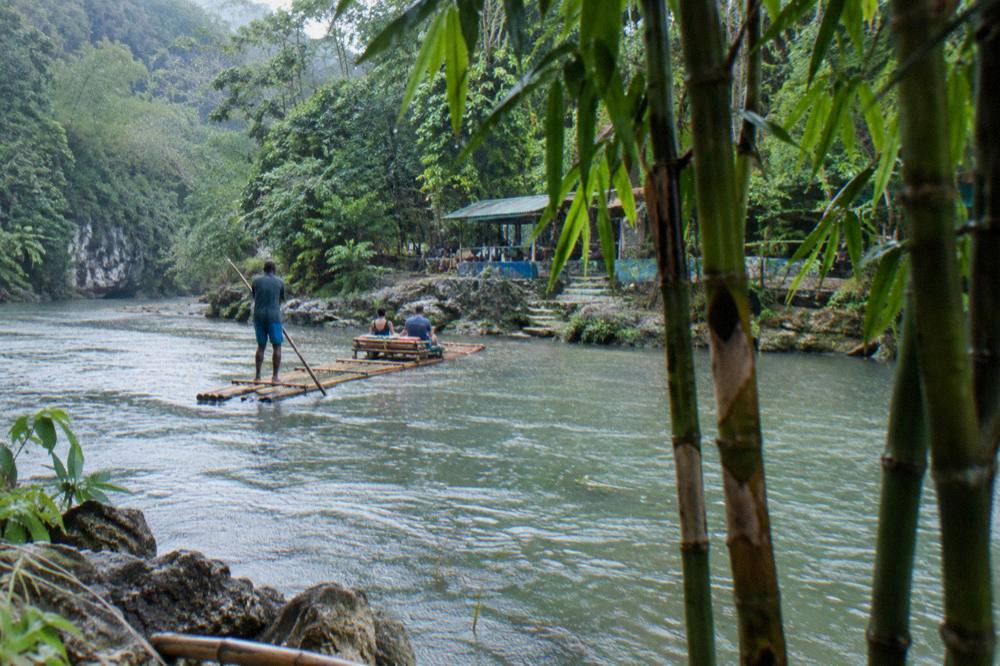 Bamboo raft drifting on a calm green river between banks of tall trees