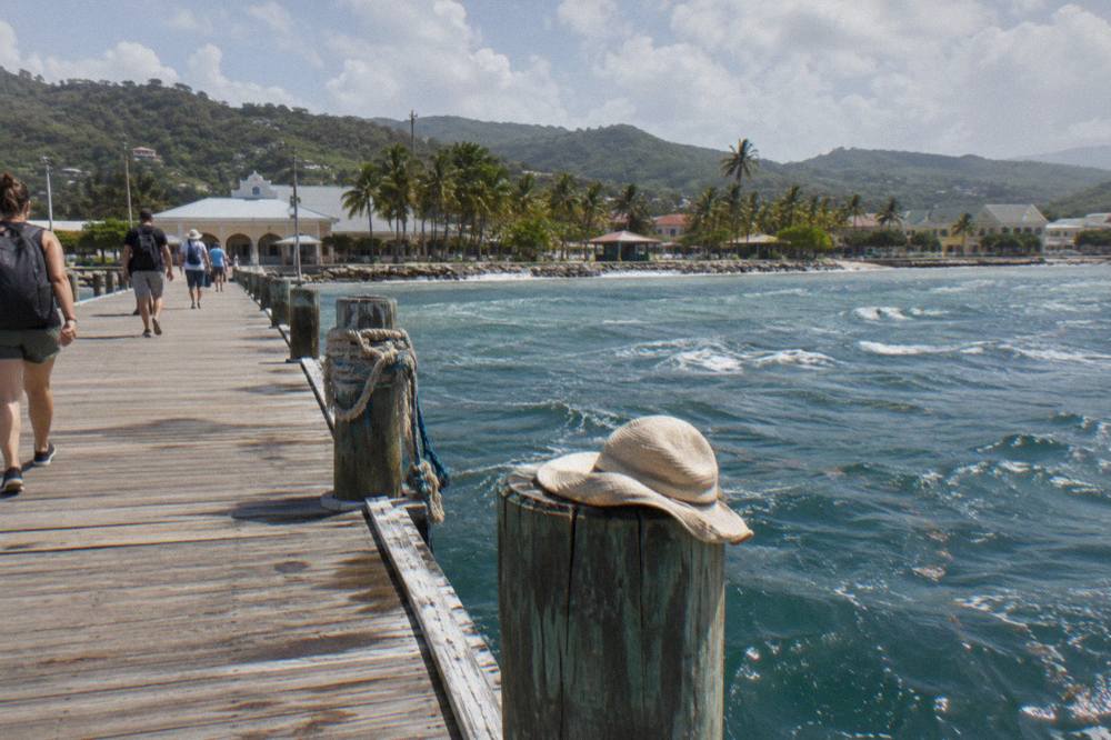 Cruise passengers walking along a wooden pier toward a Caribbean port town