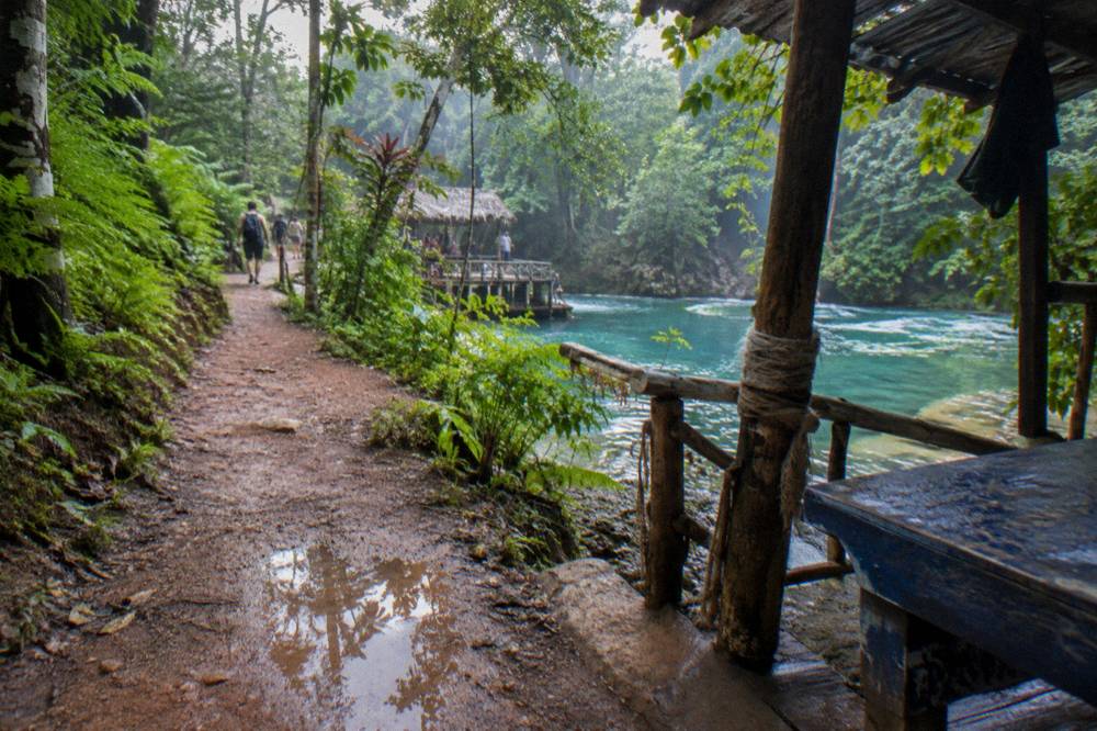 A wooden sign marking a tropical waterfall trail surrounded by dense green foliage