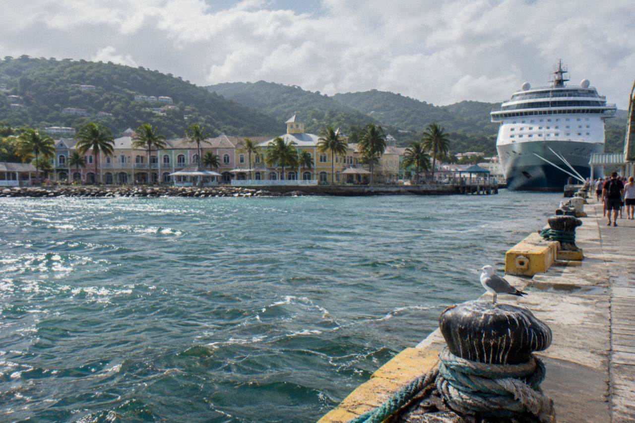 A cruise ship docked at a Jamaican port town with green hills rising behind the harbor
