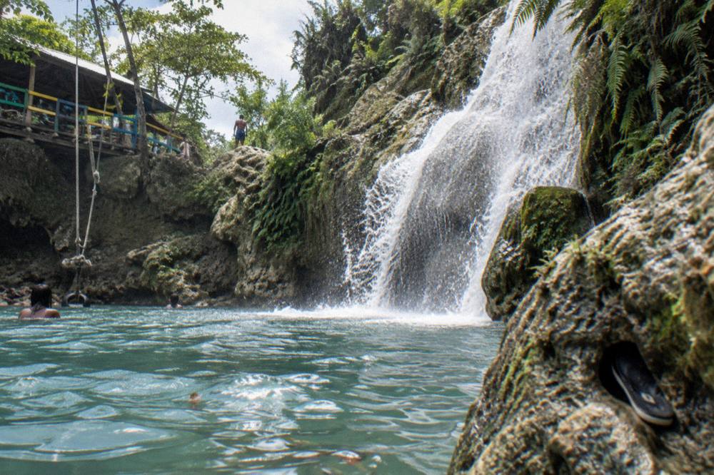 Sunlight falling on a wide cascade of water dropping between fern-covered rocks